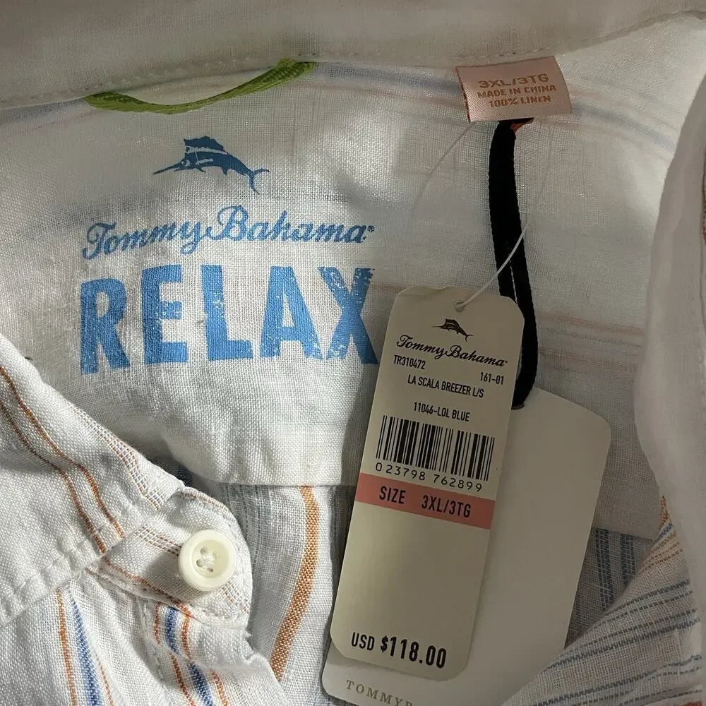 Tommy Bahama Mens Stripe Long Sleeve 100% Linen Button Shirt Size 3XL Resort NWT